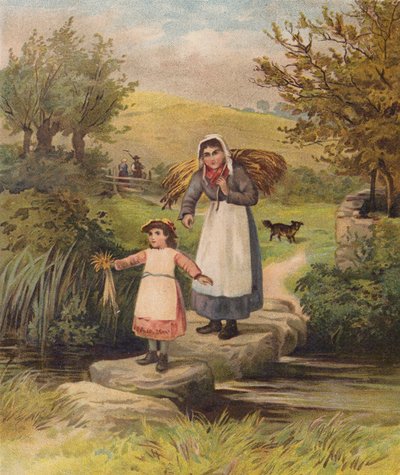 飛び石の上を小川を渡る女と少女（クロモリト） 作： William Henry James (after) Boot