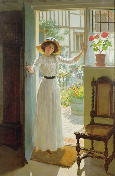 コテージのドアのそばで（キャンバスに油彩） 作： William Henry Margetson