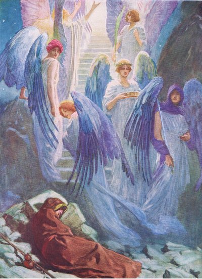 ジェイコブスの夢、トーマスネルソン発行の聖書絵本、1950年頃 作： William Henry Margetson