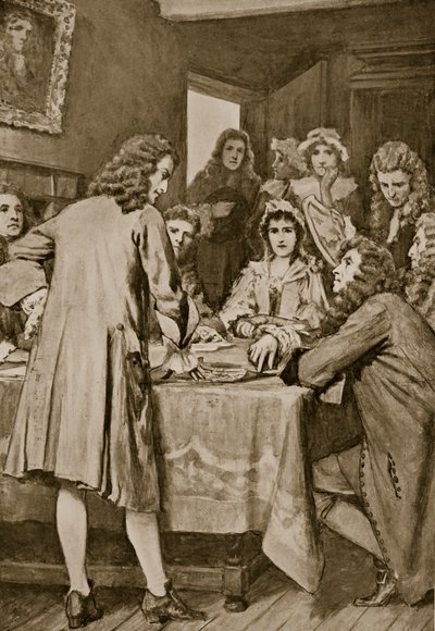 1694年、エディンバラのダリエン計画を説明するパターソン、「ハッチンソンのイギリス国民の物語」、1923年頃のイラスト 作： William Henry Margetson