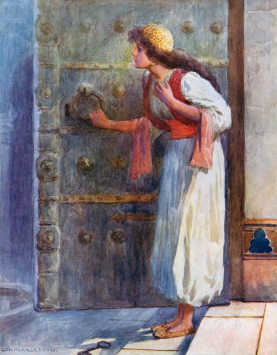 彼女は恐怖に震えて床に魔法の鍵を落とした 作： William Henry Margetson
