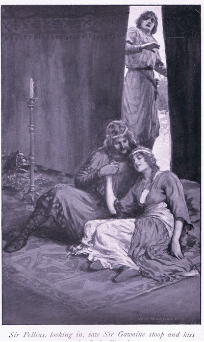 ペレアス卿は中を見て、ガウェイン卿が前屈みし、エタード夫人にキスをしました。 作： William Henry Margetson