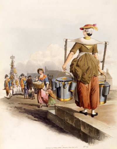 イギリスのコスチュームのパブ、ミルクメイド。ヘンリー・ミラー作、1805年（手彩色プリント） 作： William Henry Pyne