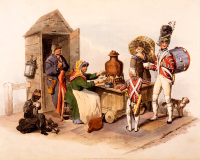 「イギリスのコスチューム」からの温かいホットドリンクを提供するサロップ売り手、1808 作： William Henry Pyne