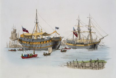 刑務所の船、「イギリスの衣装」から、ウィリアムミラー、1805年発行 作： William Henry Pyne