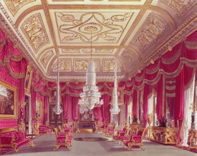 クリムゾンドローイングルーム、パインの「ロイヤルレジデンス」からのカールトンハウス、1818年 作： William Henry Pyne