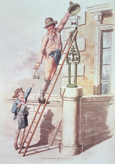 「イギリスのコスチューム」のランプライター、1805年（印刷） 作： William Henry Pyne