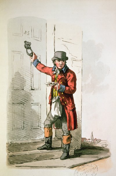 「イギリスのコスチューム」からの郵便配達員、1805年（印刷） 作： William Henry Pyne