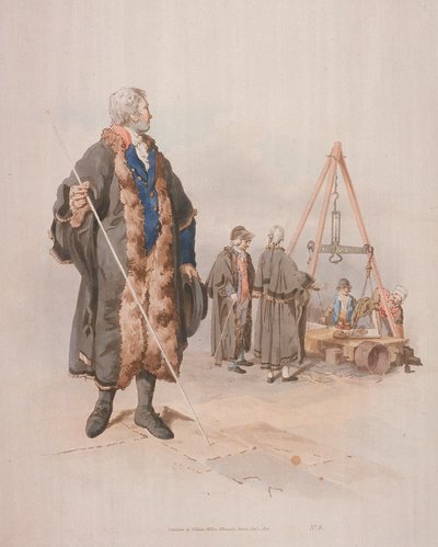 市民の衣装を着て杖を持つウォード・ビードル、ウォードモート審問にて（1805年 作： William Henry Pyne