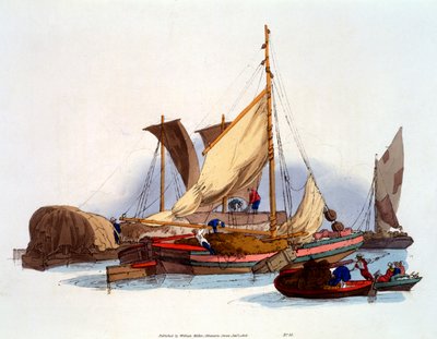 商品と乗客を移動させるウォーターマンとバージメン、1808 作： William Henry Pyne