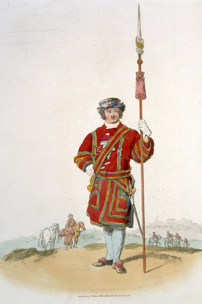 1805年にウィリアムミラーが発行した「イギリスの衣装」からの王の衛兵のヨーマン 作： William Henry Pyne