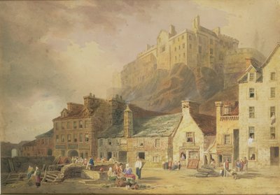 グラスマーケットのエディンバラ城、リトルウェストポート、1820年頃（WCおよびセピア） 作： William Henry Stothard