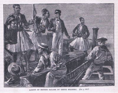 ギリシャの兵士達によるAD 1850のイギリスの船員の逮捕 作： William Heysham Overend