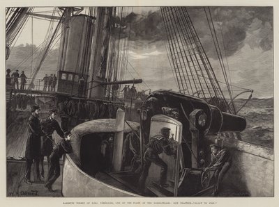 ダーダネルス艦隊の1つであるHMS TemeraireのBarbetteタレット、銃の練習、発射準備完了！ 作： William Heysham Overend