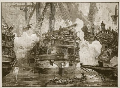 ナバリノの戦い：キャピタンベイとモハーレムベイの艦船が従事する「アジア」、「キャッセルのイラスト入りのイングランドの歴史」のイラスト（セピア写真） 作： William Heysham Overend