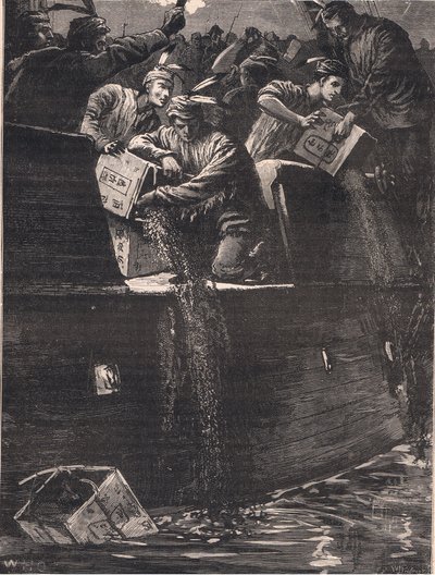 1773年に港に茶箱を投げ込むインディアンを装ったボストン少年 作： William Heysham Overend