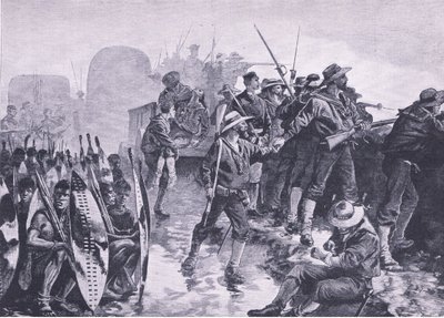 ズールー族の攻撃からの大敵を守る、陸と海のイギリスの戦い、1915年のイラスト 作： William Heysham Overend
