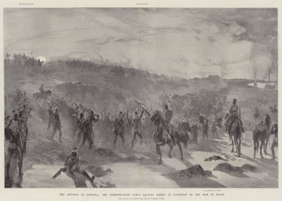 ドンゴラの前進、ハファイアに向かう途中で夜明けにフェライグを去る遠征軍 作： William Heysham Overend