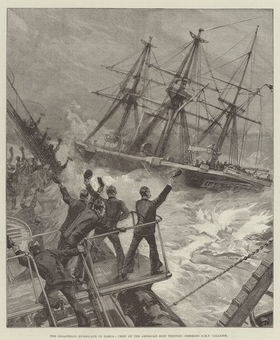 HMSカリオペを応援しているアメリカの船トレントンの乗組員、サモアの悲惨なハリケーン 作： William Heysham Overend
