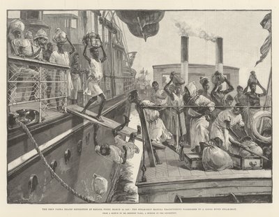1887年3月18日バナナポイントでのエミンパシャ救援遠征、乗客をコンゴリバースチームボートに乗せる蒸気船マドゥラ 作： William Heysham Overend