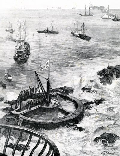 1879年の「イラストレイテッドロンドンニュース」のイラストによる、新しいエディストーン灯台の礎石を築くプリンスオブウェールズとエジンバラ公 作： William Heysham Overend