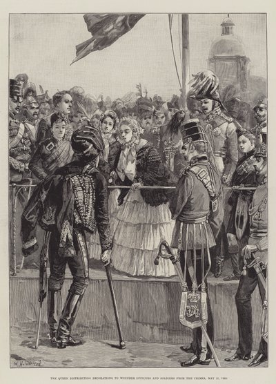 1856年5月21日、クリミアの傷ついた将校と兵士に装飾を配る女王 作： William Heysham Overend