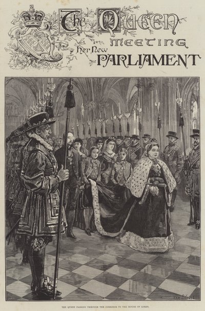 女王は廊下を通って貴族院に行き、新しい議会に会います 作： William Heysham Overend