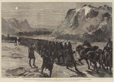 カナダ北西地域での反乱、植民地軍、スペリオル湖ネピゴン湾の氷の上を行進 作： William Heysham Overend