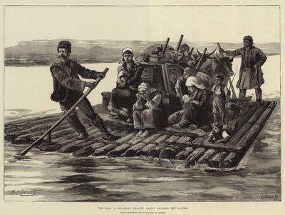戦争、ドナウ川を渡るブルガリアの農民家族 作： William Heysham Overend