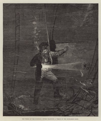 エウリュディケの難破船、潜水艦の光で難破船を調べるダイバー 作： William Heysham Overend