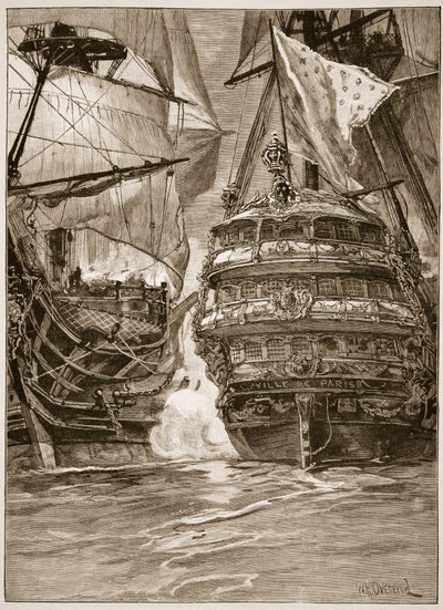 「キャッセルの図解されたイングランドの歴史」（セピア写真）からのイラスト、1782年の「ヴィル・ド・パリ」への攻撃 作： William Heysham Overend