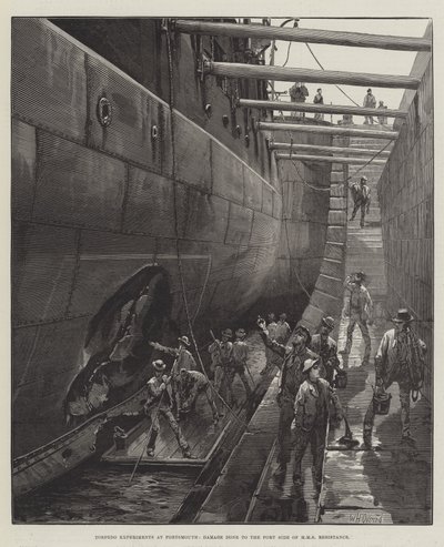 ポーツマスでの魚雷実験、HMSレジスタンスの左舷に加えられたダメージ 作： William Heysham Overend