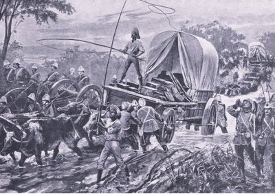 ズールー戦争：1879年4月、小川を渡るエストー救済部隊、陸と海でのイギリスの戦いのイラスト、1915 作： William Heysham Overend