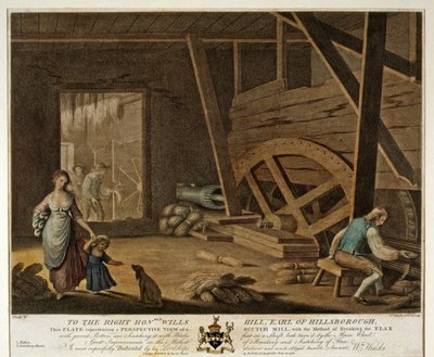 スカッチミルの内部ビュー、アイルランドのリネン製造所のプレートV、1791年 作： William Hincks