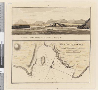 ページ3a カーボベルデ諸島のセント・ジャゴ島のポート・プラヤの図。タイトルは "Port Praya in the Island St Jago one of the Cape de Verds sic A scale of 2 to 1/2 a mile" / A View of Port Praya taken from the anchoring place.". 作： William Hodges