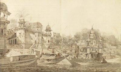 ベナレス市の一部の眺め、1781年頃（ウォッシュマウントの上に置いた紙に鉛筆の上にブラシとインクで灰色のウォッシュ） 作： William Hodges