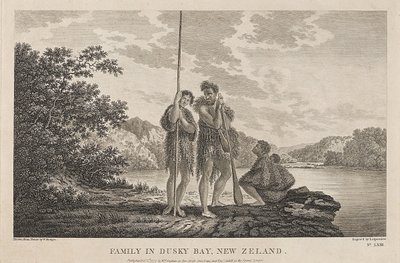 ベイ・オブ・アイランズ（ダスキー湾）（ニュージーランド）の眺め、マオリの家族がいる。ウィリアム・ホッジス（1744-1797）のデッサンによるエングレーヴィング（33.9x47.1cm）、1785年頃。 作： William Hodges