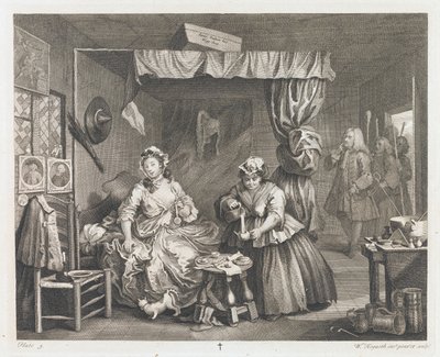 1732年にデザインされ、1744年にロイドスペンサーの贈り物を印刷したハーロットの秋（エッチングと彫刻） 作： William Hogarth