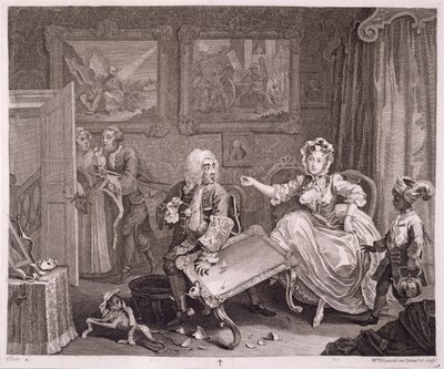 1820-22年にロンドンで出版された「ウィリアムホガースのオリジナル作品と本物の作品」のハーロットの進歩、プレートII 作： William Hogarth