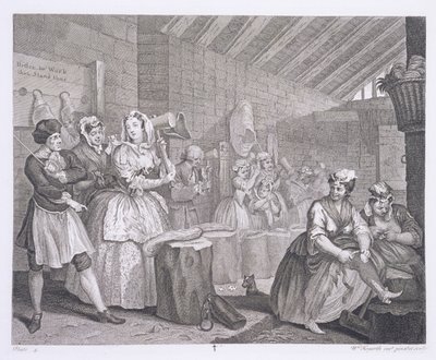1820-22年にロンドンで出版された「ウィリアムホガースのオリジナル作品と本物の作品」のハーロットの進歩、プレートIV 作： William Hogarth