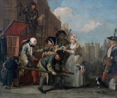 熊手の進捗状況IV：逮捕され、法廷に行く、1733年 作： William Hogarth