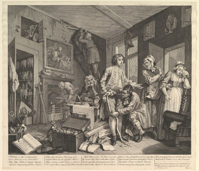 レーキ進行、プレート1、1735年6月25日。 作： William Hogarth
