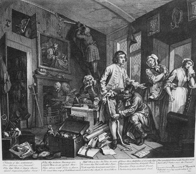放蕩一代、プレート1、若い相続人がマイザーの効果を手に入れる 作： William Hogarth