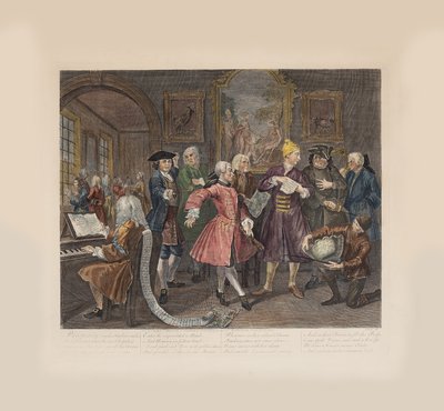 レーキの進歩、プレート 2: アーティストや教授に囲まれて、1735 年頃。 作： William Hogarth