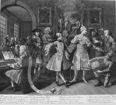アーティストと教授に囲まれたレーキの進歩、プレート2 作： William Hogarth