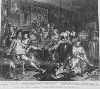 レーキの進歩、プレート3、居酒屋のシーン 作： William Hogarth