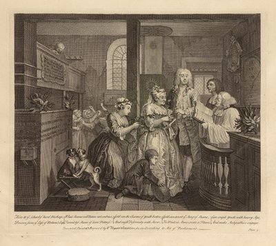 レイクスの歩み、プレートV、1735年6月（敷紙にエングレーヴィングとエッチング、状態i） 作： William Hogarth
