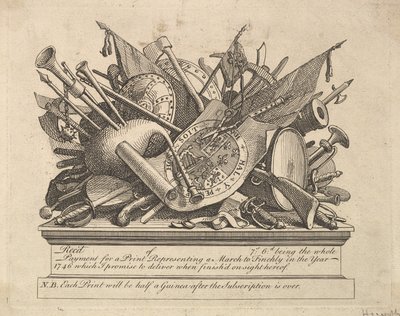武器、楽器などのスタンド、1749年3月50日。 作： William Hogarth