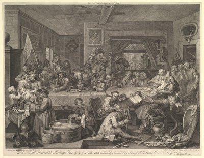 選挙エンターテイメント、プレートI：選挙の4つの版画、1755年2月。 作： William Hogarth