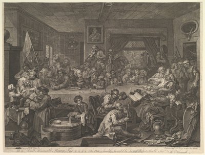 選挙エンターテイメント、プレートI：選挙の4つの版画、1755年2月24日。 作： William Hogarth